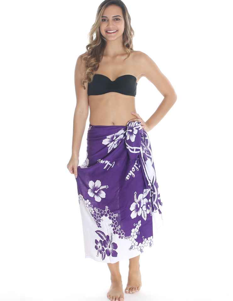 White and Purple Hibiscus Flower Sarong Pareo Cover Up