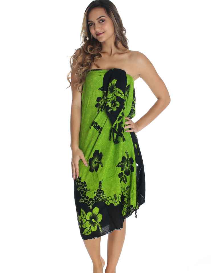 Black and Green Hibiscus Flowers Sarong Pareo Cover Up