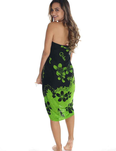 Black and Green Plumeria Flower Sarong Pareo Cover Up