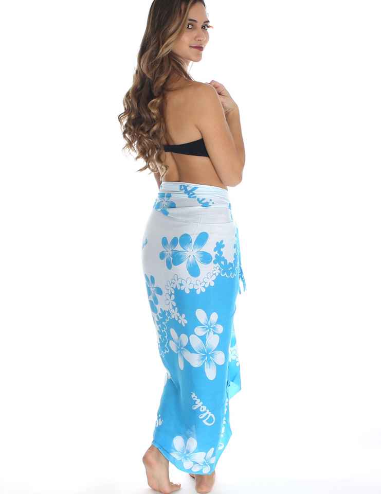 White and Blue Plumeria Flower Sarong Pareo Cover Up