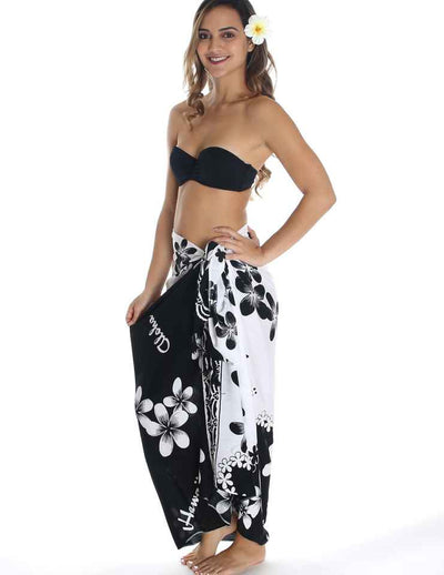 Black and White Plumeria Flower Sarong Pareo Cover Up