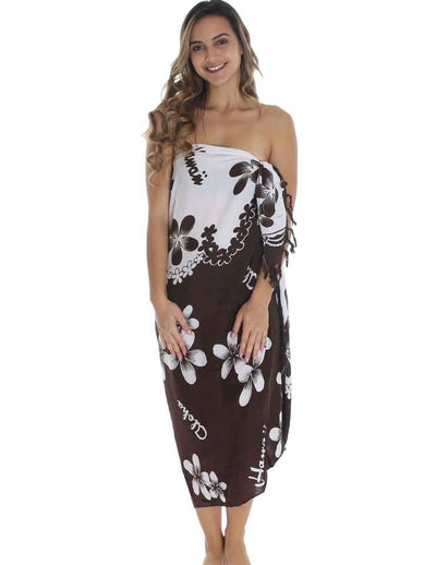 White and Brown Plumeria Flower Sarong Pareo Cover Up