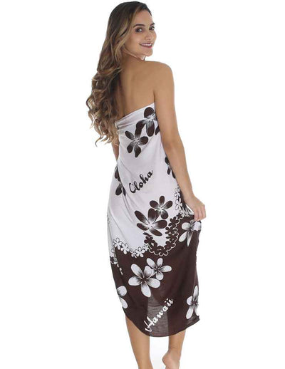 White and Brown Plumeria Flower Sarong Pareo Cover Up