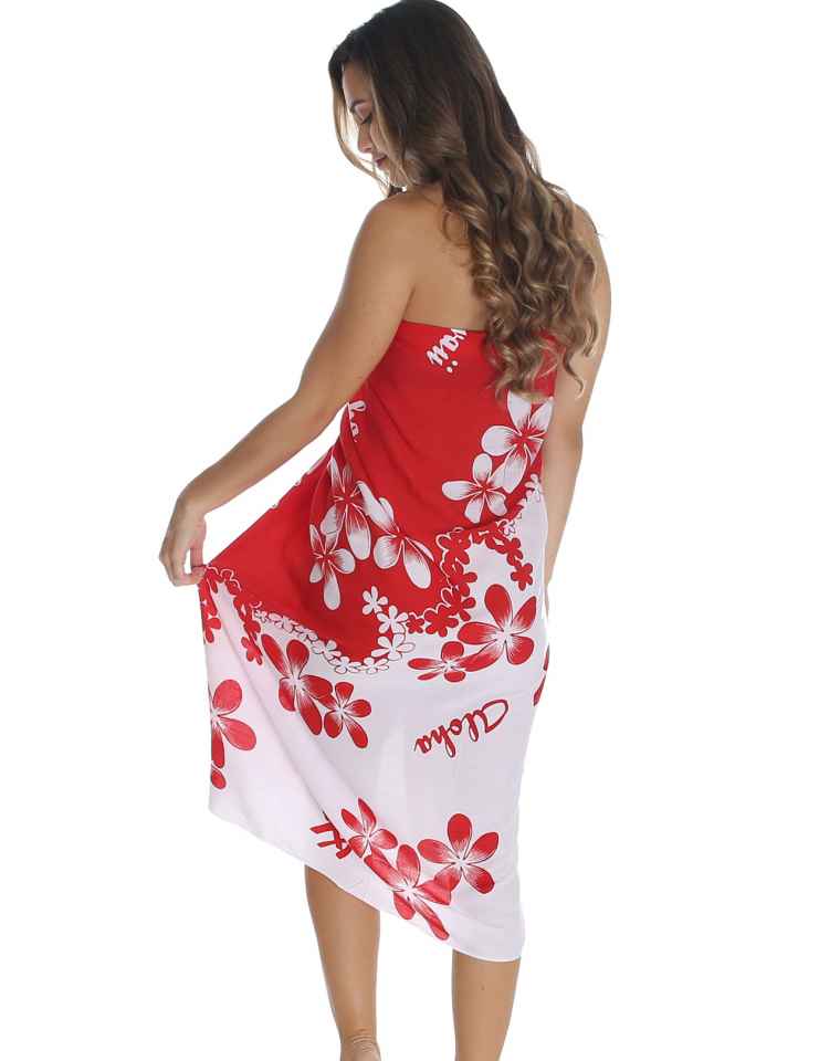 White and Red Plumeria Flower Sarong Pareo Cover Up