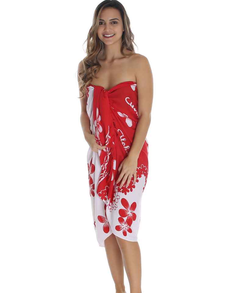 White and Red Plumeria Flower Sarong Pareo Cover Up