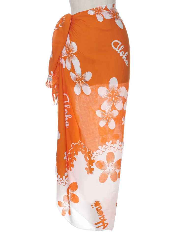 Orange Sarong Beach Cover Up White Hibiscus Flowers