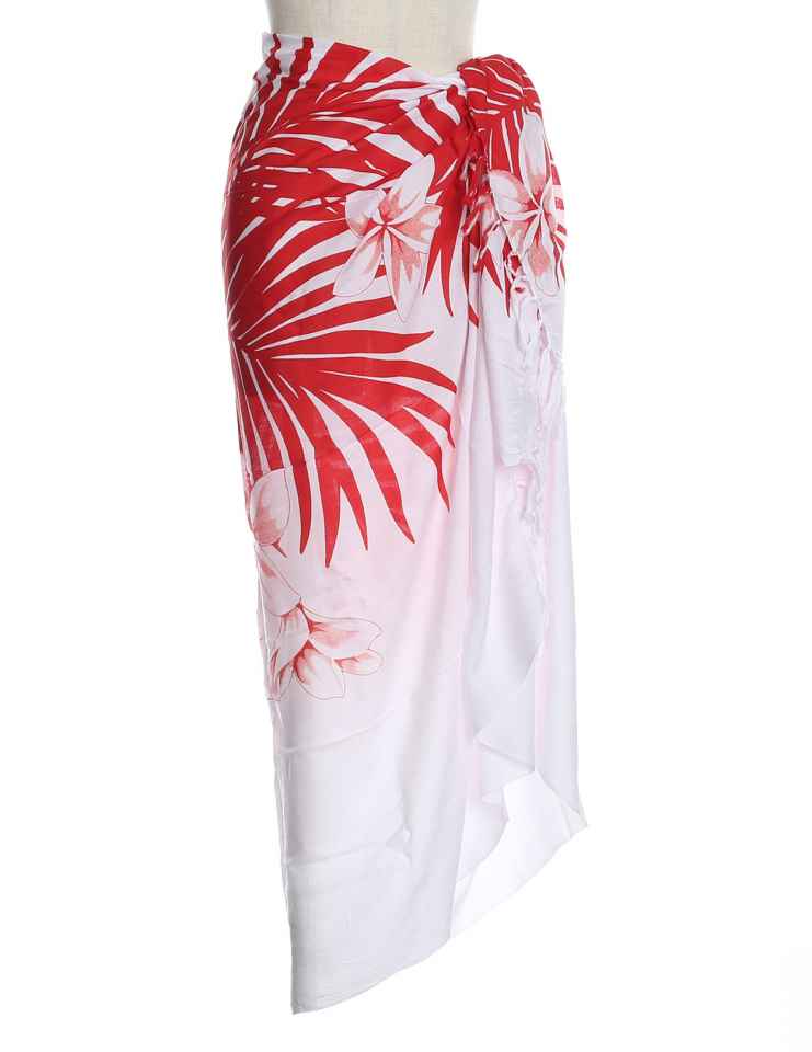 White Red Soft Rayon Sarong Cover up Plumeria Magic