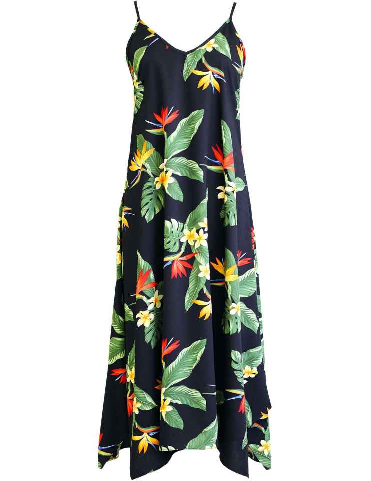 Maxi Long Hawaiian Dress Birds of Paradise with Scarf Hem