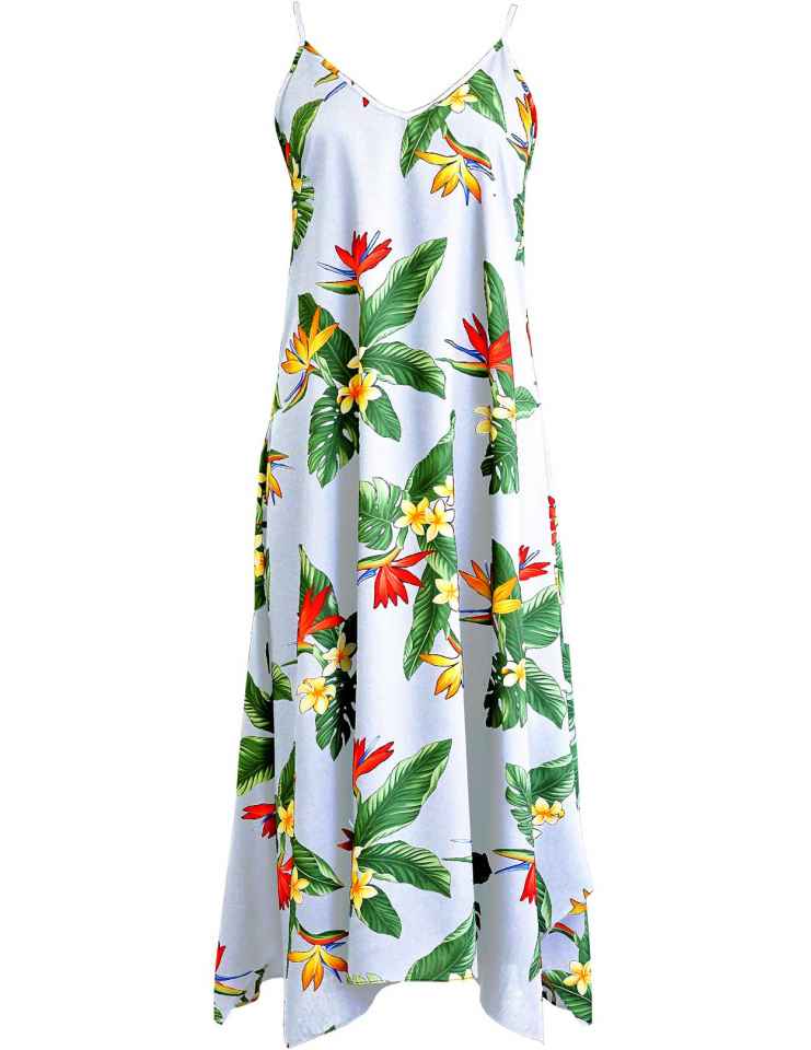 Maxi Long Hawaiian Dress Birds of Paradise with Scarf Hem