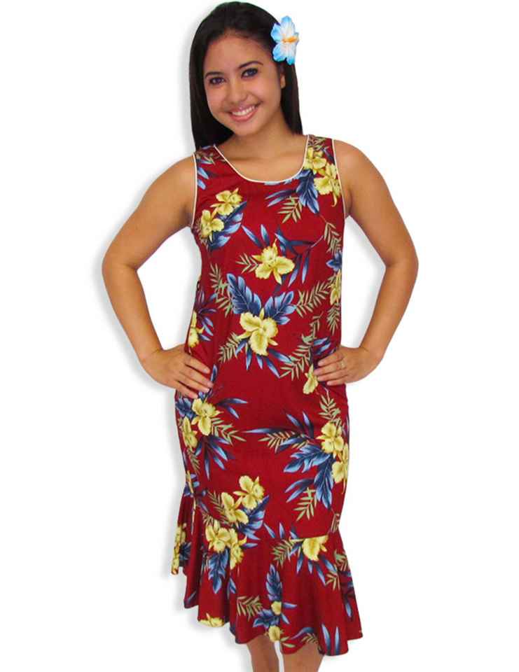 Midi Sleeveless Red Hawaiian Dress Okalani